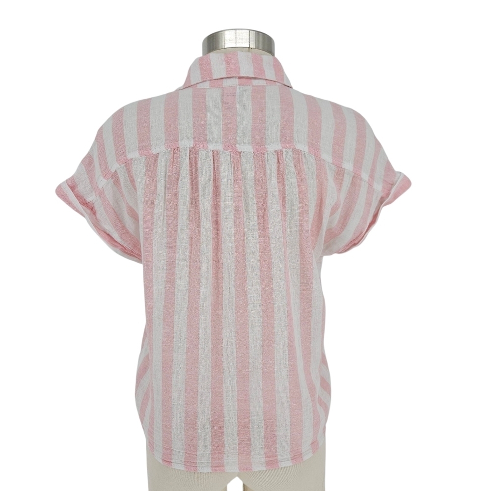 Old Navy Shirt Linen Pink Stripe Short Sleeve Button Up Collared Tie Knot Small - Picture 4 of 8